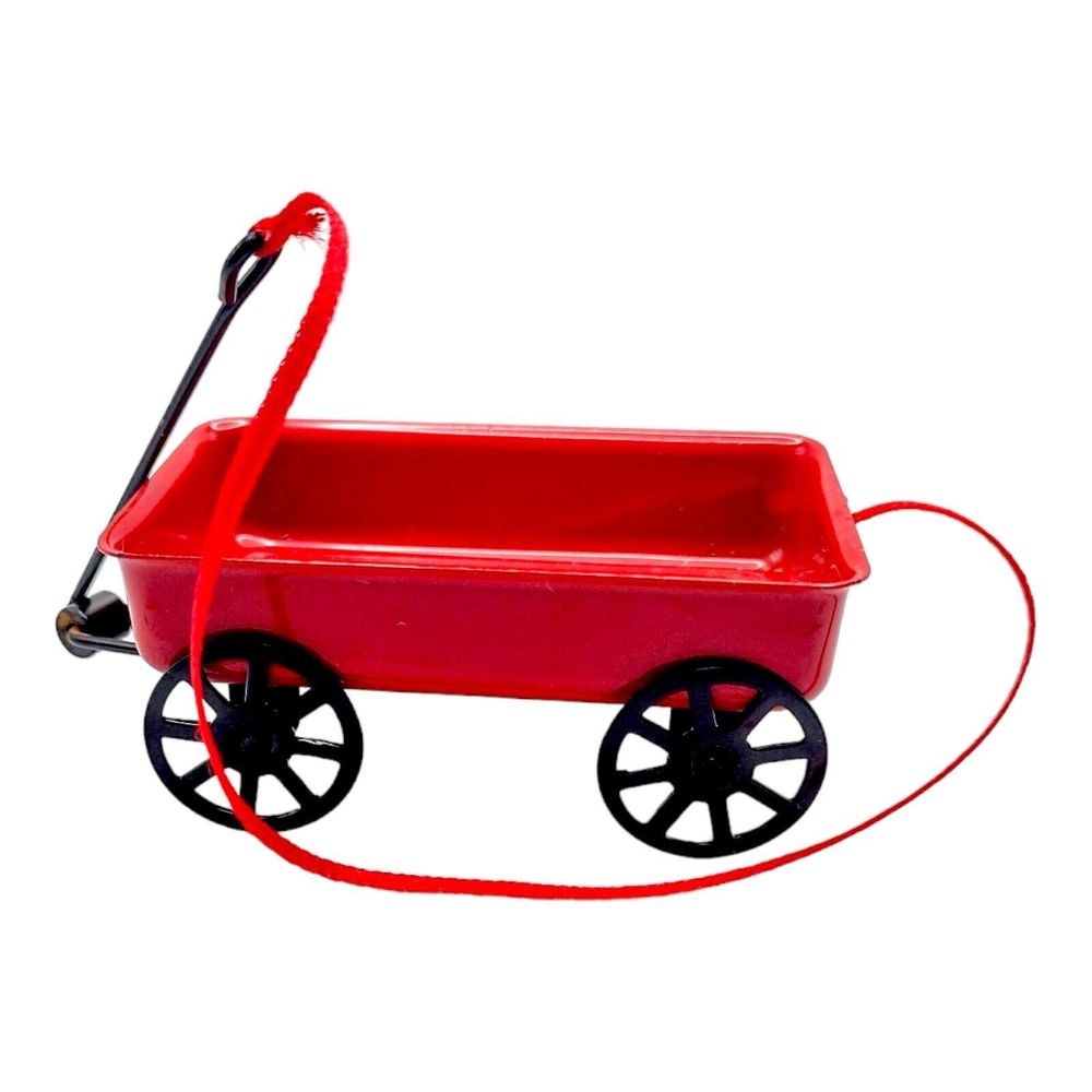 Vintage Mini Red Wagon Christmas Ornament Metal Wheels Roll 3" Radio Flyer Style